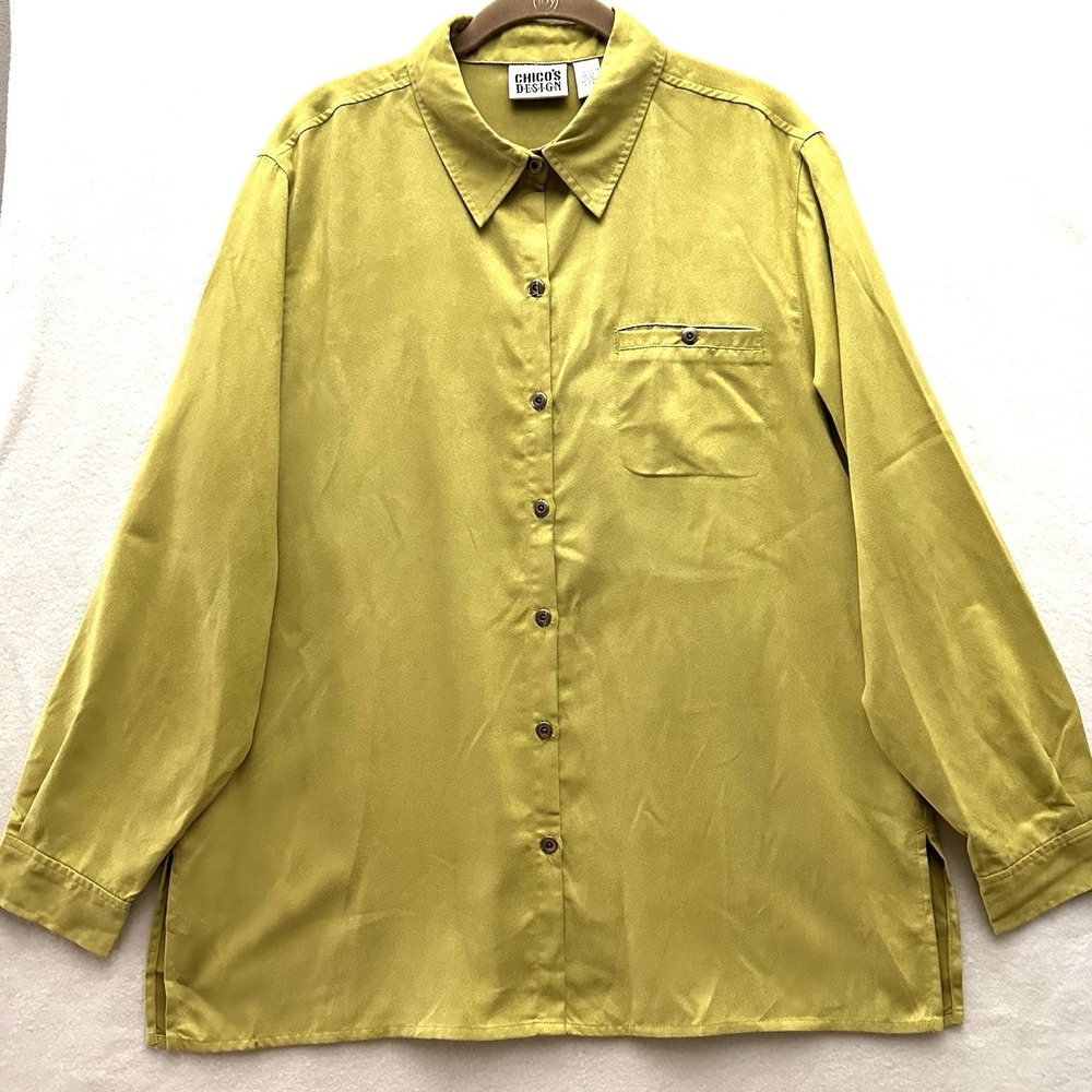 Chicos Women's Shacket Size 2 Large Button Up Top Faux Suede Pockets Chartreuse